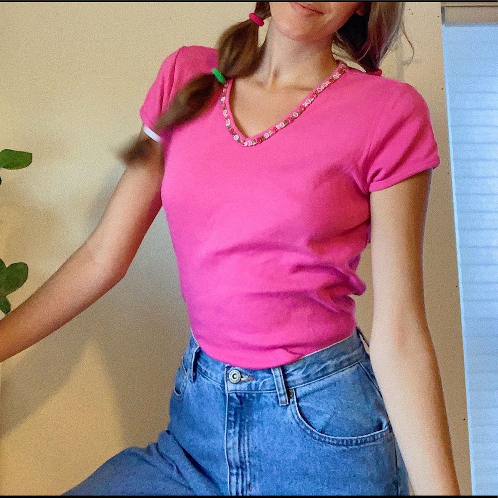 Rose bud embroidered pink babydoll top